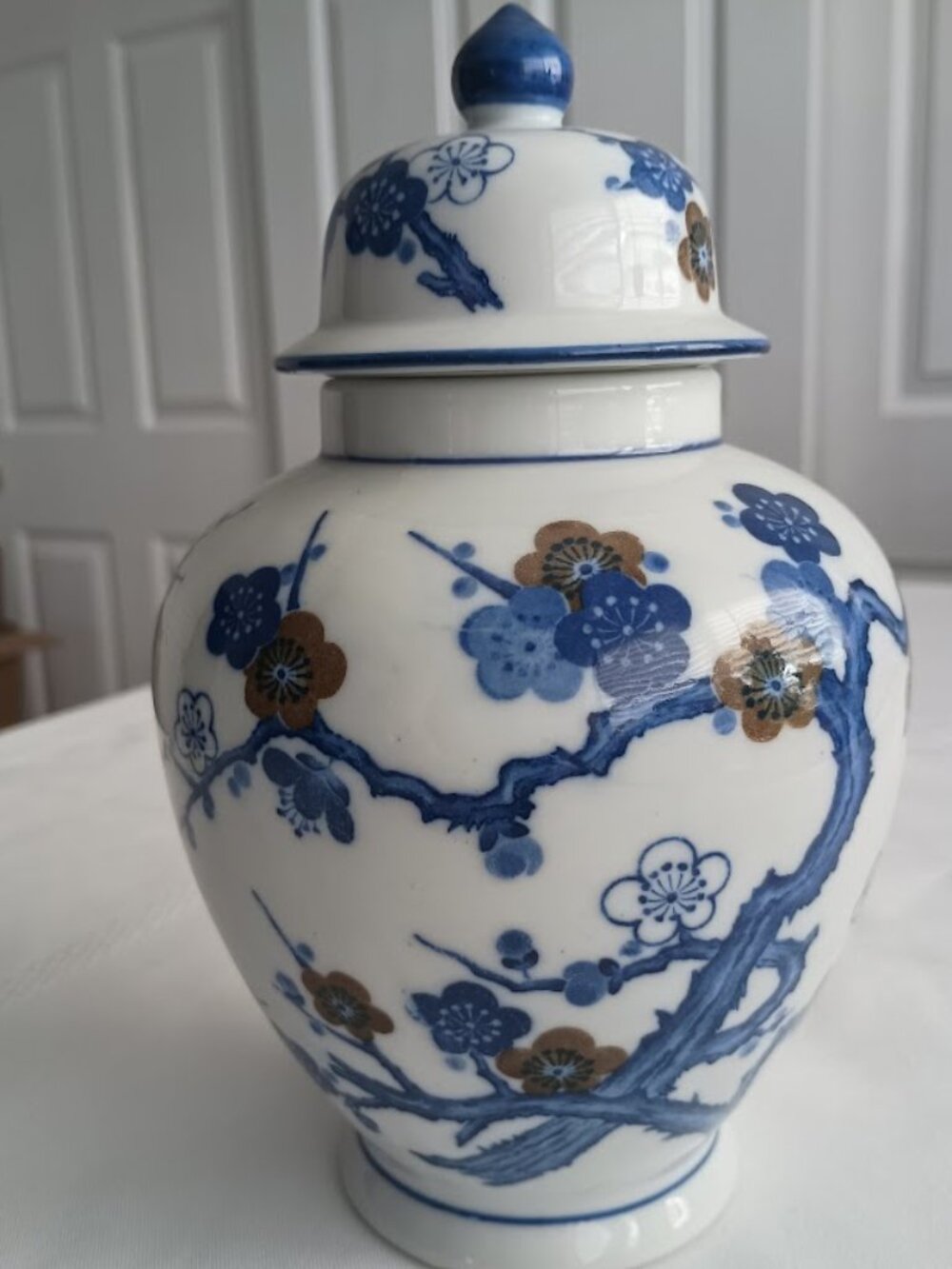 Vintage Blue and White Porcelain Ginger Jar, Tea Caddy with Lid